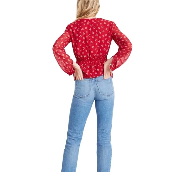 Madewell Floral Tiered Sleeves Peplum Top. Shimmery Red Sz 00 - Picture 2 of 12